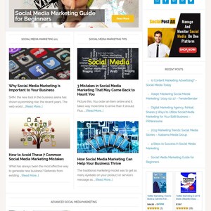 May include: A website screenshot showing a blog post about social media marketing tips and advice. The blog post includes articles about why social media marketing is important, how to avoid common mistakes, and how social media marketing can help your business thrive. The website also includes a section on advanced social media marketing, with articles about social media marketing trends and the importance of strategy.