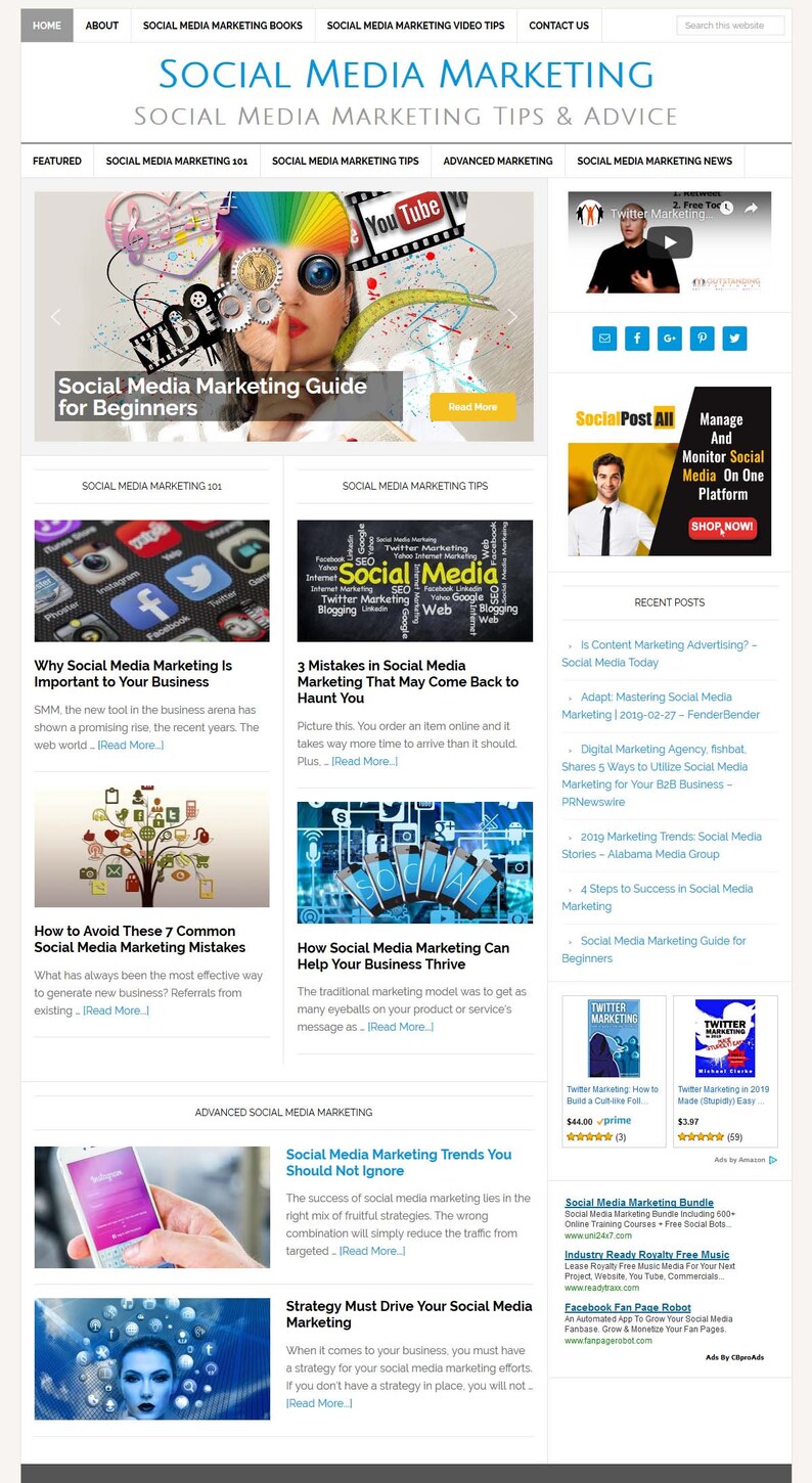 May include: A website screenshot showing a blog post about social media marketing tips and advice. The blog post includes articles about why social media marketing is important, how to avoid common mistakes, and how social media marketing can help your business thrive. The website also includes a section on advanced social media marketing, with articles about social media marketing trends and the importance of strategy.