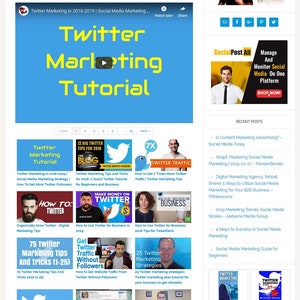 May include: A screenshot of a website with a blue background and the text "Twitter Marketing Tutorial" in white. The website features several articles about Twitter marketing, including "Organically Grow Twitter - Digital Marketing Tips", "How to Use Twitter for Business in 2019", and "How to Use Twitter for Business: 2018 Tips for TweetDeck".