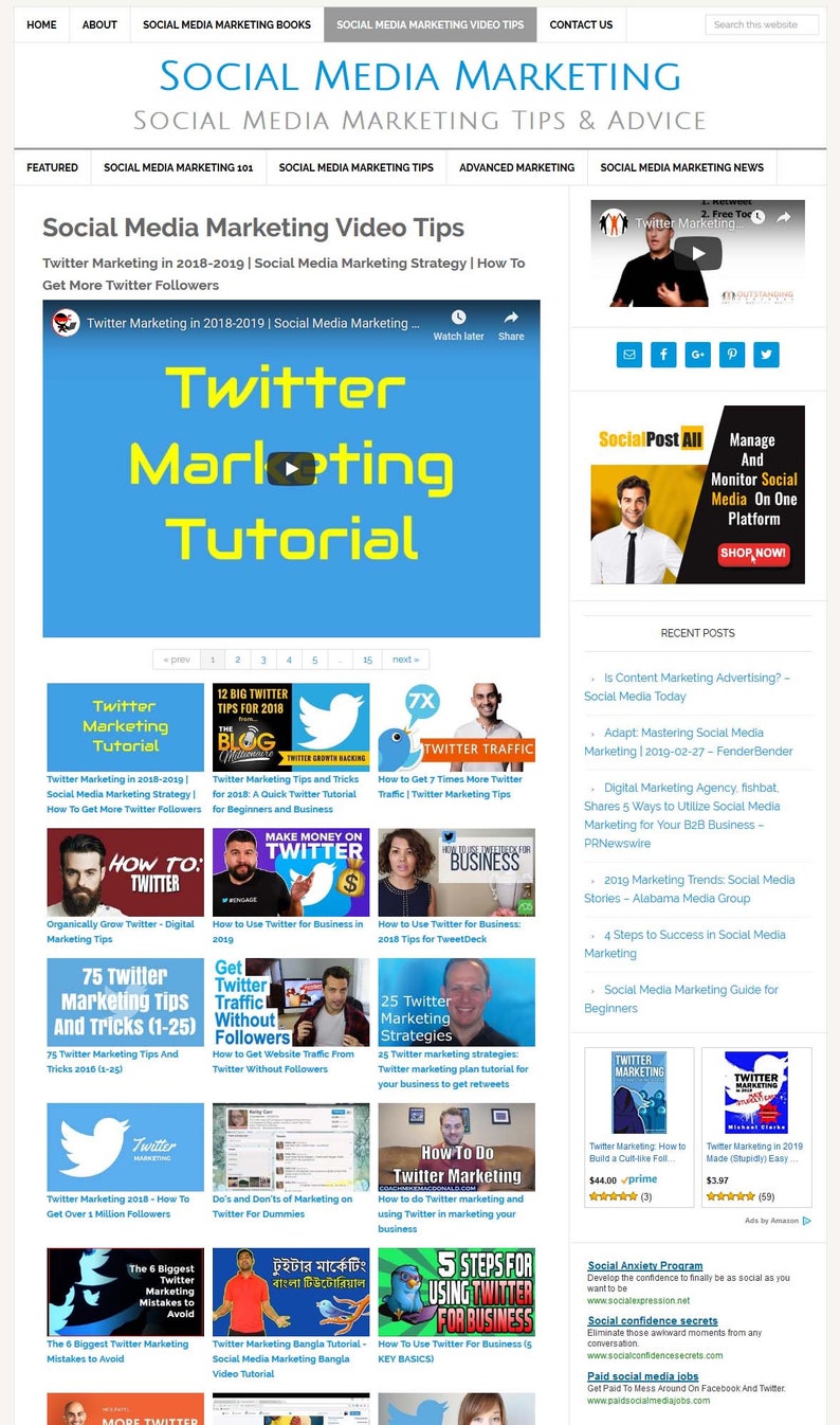 May include: A screenshot of a website with a blue background and the text "Twitter Marketing Tutorial" in white. The website features several articles about Twitter marketing, including "Organically Grow Twitter - Digital Marketing Tips", "How to Use Twitter for Business in 2019", and "How to Use Twitter for Business: 2018 Tips for TweetDeck".