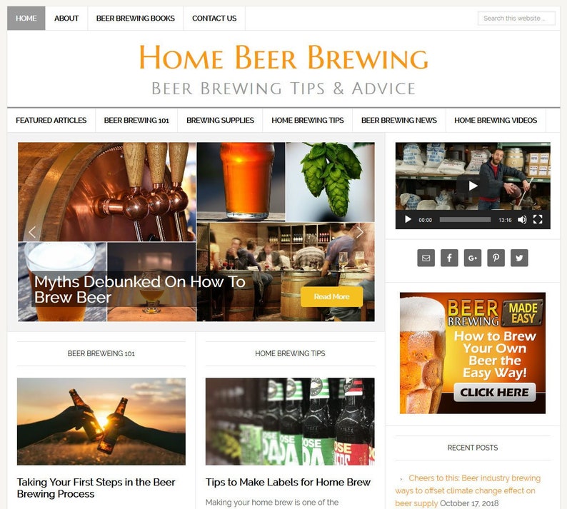 May include: A website homepage for home beer brewing with a collage of images including beer taps, beer bottles, hops, and a man brewing beer. The website features articles, tips, and videos on home brewing.