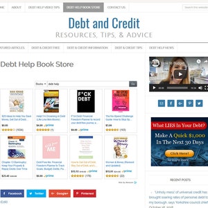 May include: A website screenshot showing a collection of books about debt management and financial freedom. The books have titles like "925 Ideas to Help You Save Money", "Help! I'm Drowning in Debt", "F*ck Debt Financial Freedom Planner", "The No-Spend Challenge Guide", "Chapter 13 Bankruptcy", "Debt Free Me: Financial Freedom Planner", "How to Get Out of Debt", and "Women & Money". The website also features a video titled "How to Budget" and a banner ad that says "What LIES In Your Debt? Make A Quick $1,000 In The Next 30 Days".
