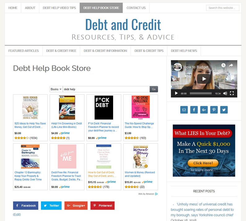May include: A website screenshot showing a collection of books about debt management and financial freedom. The books have titles like "925 Ideas to Help You Save Money", "Help! I'm Drowning in Debt", "F*ck Debt Financial Freedom Planner", "The No-Spend Challenge Guide", "Chapter 13 Bankruptcy", "Debt Free Me: Financial Freedom Planner", "How to Get Out of Debt", and "Women & Money". The website also features a video titled "How to Budget" and a banner ad that says "What LIES In Your Debt? Make A Quick $1,000 In The Next 30 Days".