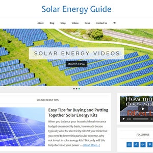 Premade WordPress Website eCommerce Template & Blog with Articles, Videos, Shopping, News, Automatically Updating Content- Solar Power Theme
