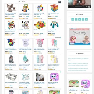 May include: A website selling baby care products, featuring a range of toys, clothing and essential items. The website has a banner with the text "Baby Care Shop" and a grid layout showcasing various products. The products include toys, clothing and baby care essentials. The website also includes a blog, videos and a contact us page.