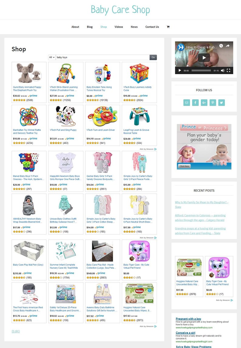 May include: A website selling baby care products, featuring a range of toys, clothing and essential items. The website has a banner with the text "Baby Care Shop" and a grid layout showcasing various products. The products include toys, clothing and baby care essentials. The website also includes a blog, videos and a contact us page.
