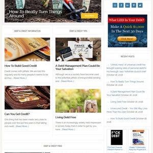 May include: A website with articles and blog posts about debt and credit management. The website features a green background with images of money and a person talking about budgeting. The website also includes a section on recent posts with titles such as "How to Really Turn Things Around" and "A Debt Management Plan Could Be Your Salvation."