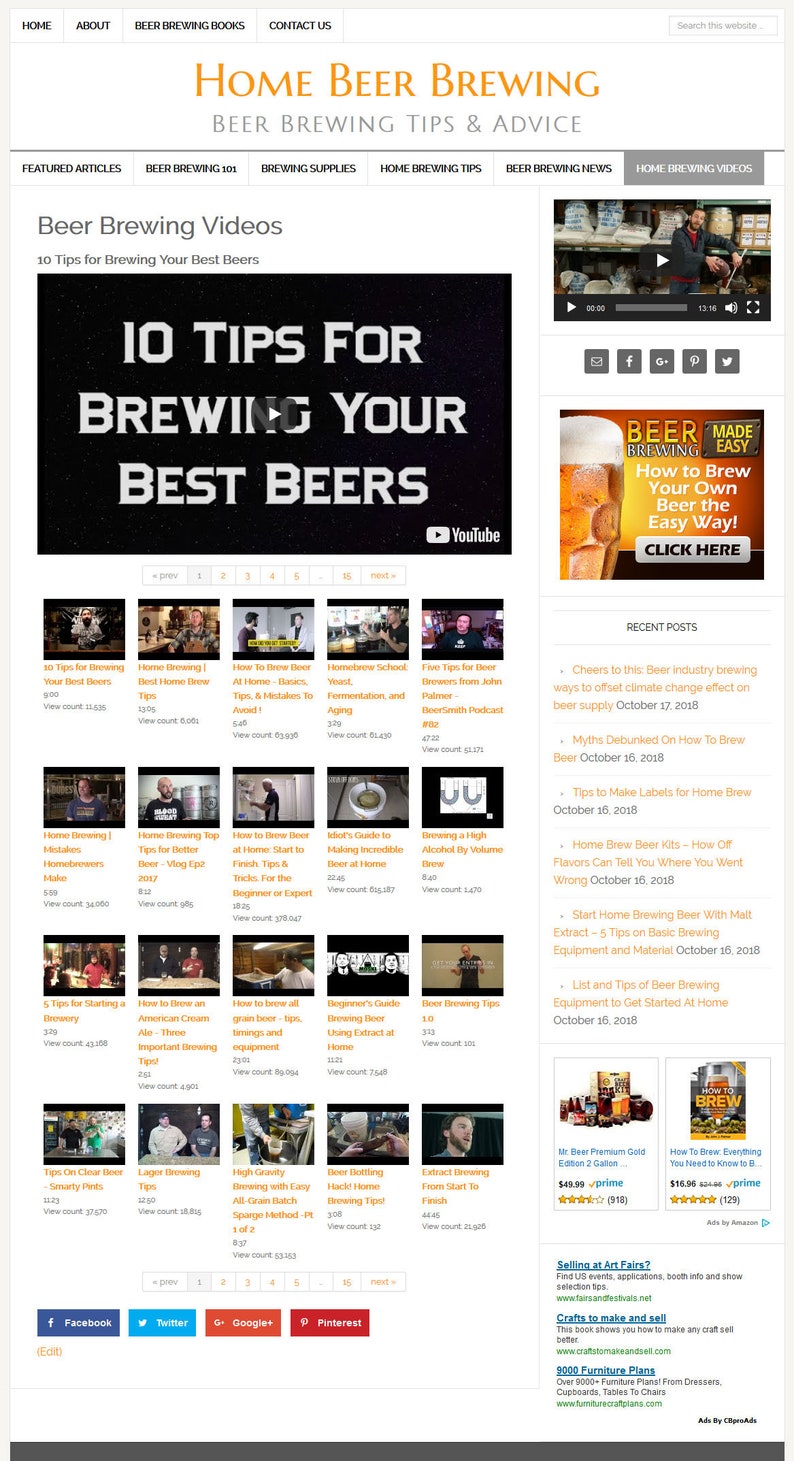 May include: A website for home brewers with a video tutorial on how to brew the best beer. The video is titled "10 Tips for Brewing Your Best Beers". The website also features a blog with recent posts about beer brewing.