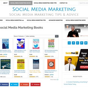 May include: A website screenshot showing a selection of social media marketing books. The books are displayed in a grid format with titles, prices, and star ratings. The website also features a video player, social media icons, and a recent posts section.