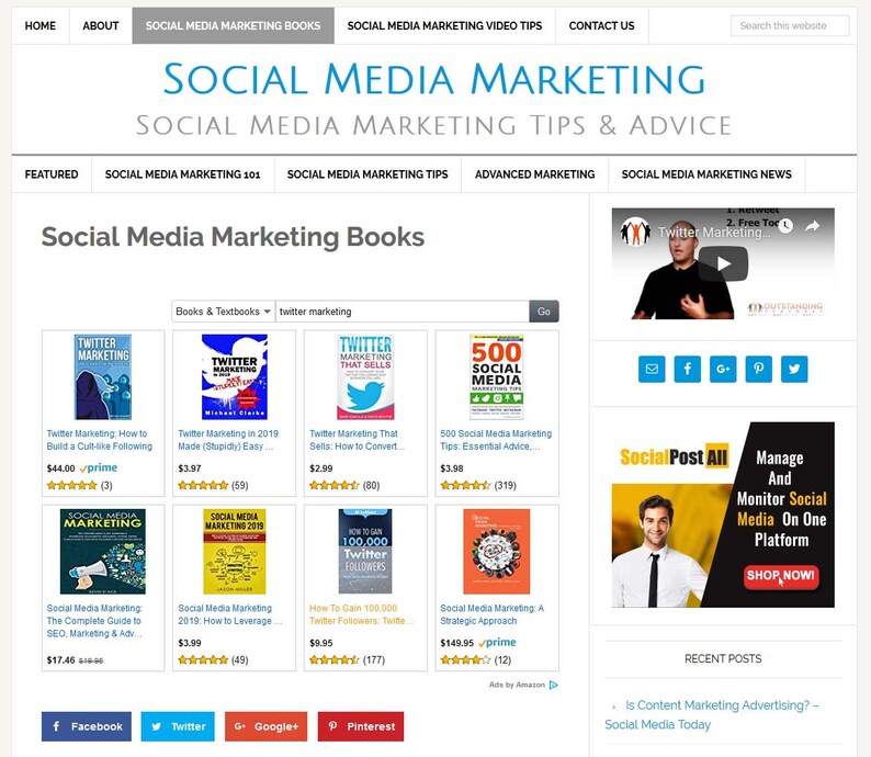 May include: A website screenshot showing a selection of social media marketing books. The books are displayed in a grid format with titles, prices, and star ratings. The website also features a video player, social media icons, and a recent posts section.