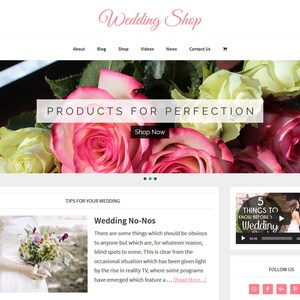 May include: A website for a wedding shop with a banner image of pink and white roses. The text "PRODUCTS FOR PERFECTION" is displayed on the banner. The website also features a blog, shop, videos, news, and contact information.