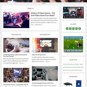May include: A website for a video game store with a banner image of a person holding a video game controller. The website features articles about the history of video games, tips for playing video games, and information about the latest video games. The website also features a section for featured products, including a gaming headset, a gaming chair, and a gaming PC.