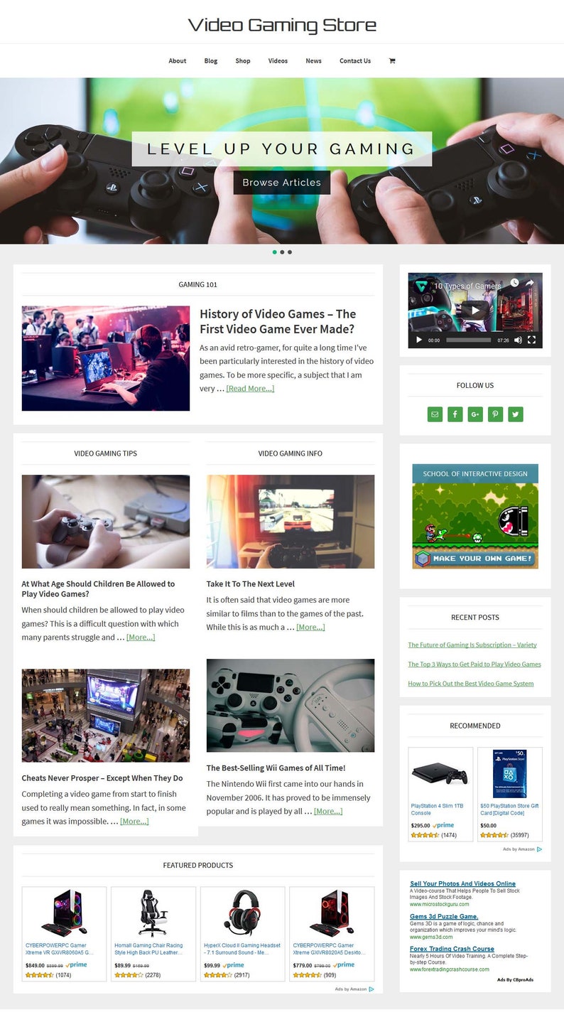May include: A website for a video game store with a banner image of a person holding a video game controller. The website features articles about the history of video games, tips for playing video games, and information about the latest video games. The website also features a section for featured products, including a gaming headset, a gaming chair, and a gaming PC.