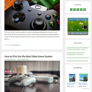 May include: A blog post on a website called "Video Gaming Store" about how to make money playing video games. The post features a black and green video game controller and the text "The Top 3 Ways to Get Paid to Play Video Games".