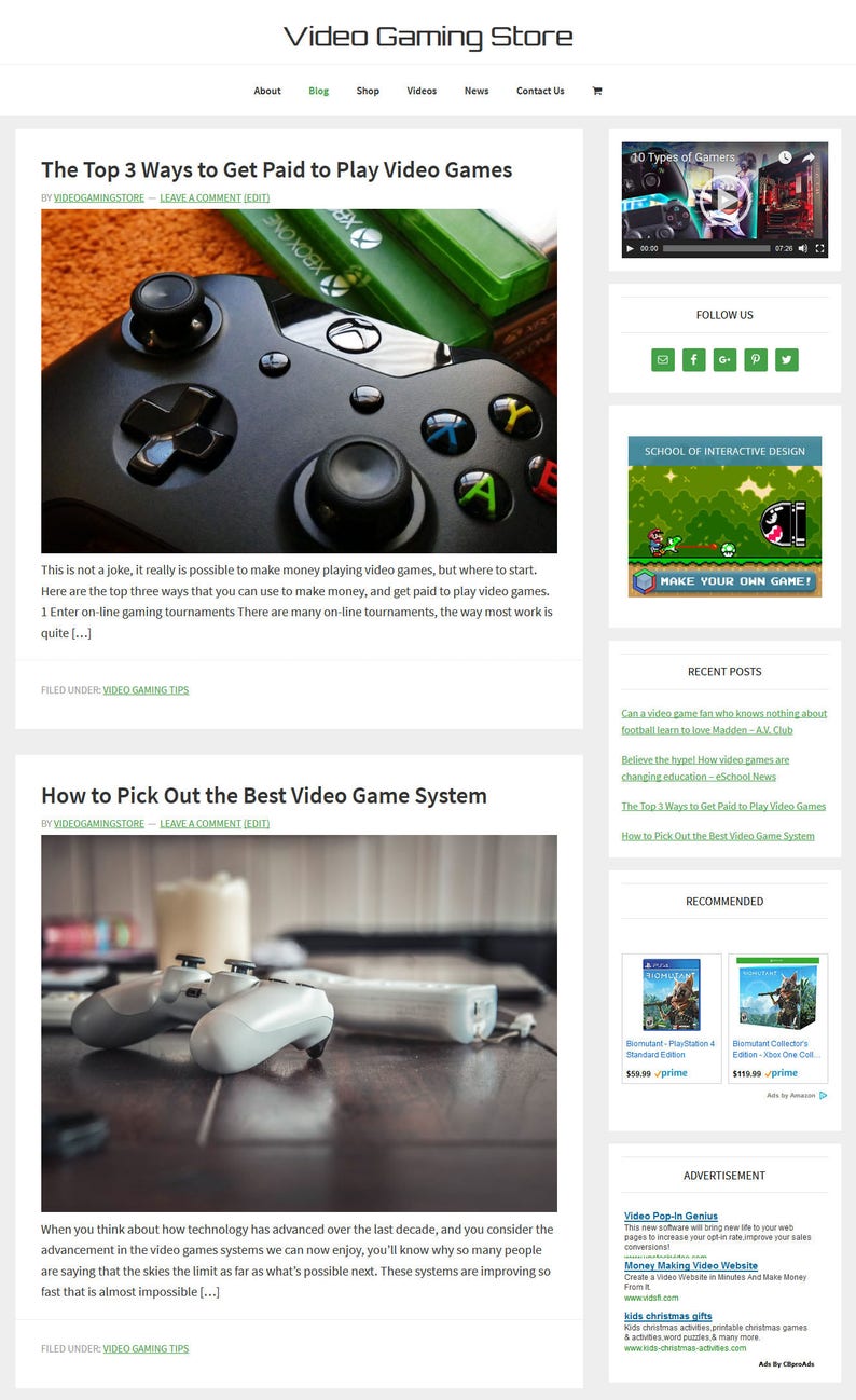 May include: A blog post on a website called "Video Gaming Store" about how to make money playing video games. The post features a black and green video game controller and the text "The Top 3 Ways to Get Paid to Play Video Games".