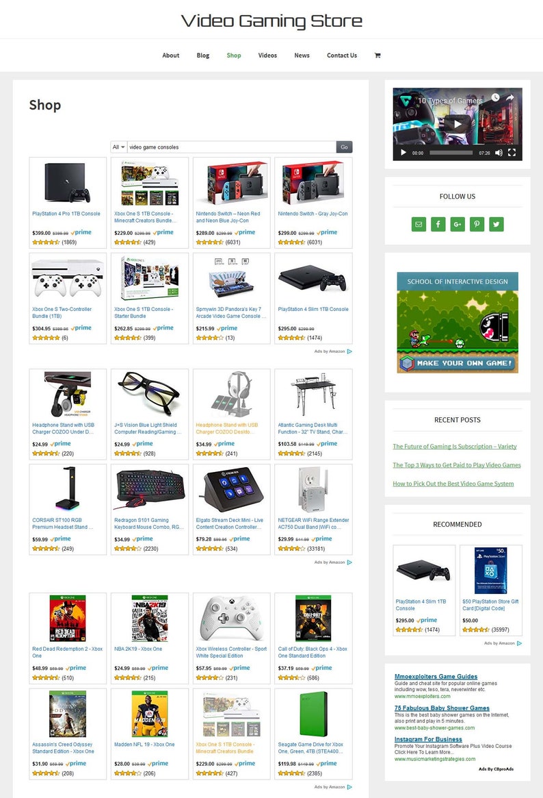 May include: A website for a video game store with a variety of video game consoles, games, and accessories. The website features a shop section with a selection of products, including the PlayStation 4 Pro, Xbox One S, Nintendo Switch, and more. The website also includes a blog, videos, news, and contact information.