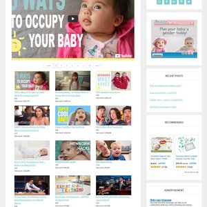 May include: A website screenshot displaying a selection of videos on baby care. The website is named "Baby Care Shop" and includes a video titled "5 Ways To Occupy Your Baby (While Occupying Yourself!)". The website also features a blog, shop, and contact details.