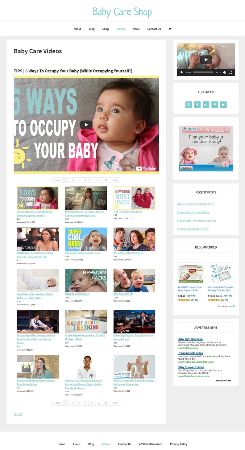 May include: A website screenshot displaying a selection of videos on baby care. The website is named "Baby Care Shop" and includes a video titled "5 Ways To Occupy Your Baby (While Occupying Yourself!)". The website also features a blog, shop, and contact details.