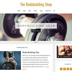 Premade WordPress Website eCommerce Template & Blog with Articles, Videos, Shopping, News, Auto Updating Content- Bodybuilding theme