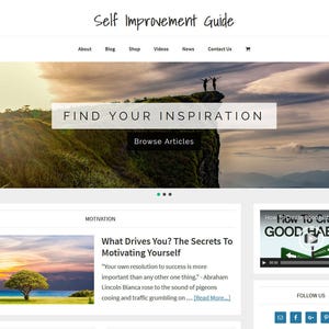 Könnte beinhalten: Ein Screenshot einer Website, der einen motivierenden Blogbeitrag mit dem Titel "What Drives You? The Secrets To Motivating Yourself" zeigt. Der Beitrag enthält ein Sonnenuntergangslandschaftbild und ein Zitat von Abraham Lincoln. Die Website enthält auch ein Video mit dem Titel "How To Create Good Habits?" und einen Bereich für Social-Media-Links.