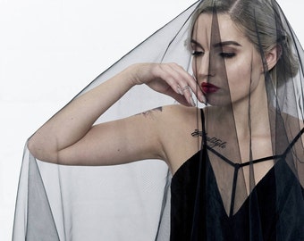 Black wedding veil in Italian tulle,  Two tier alternative goth veil - ALISSA