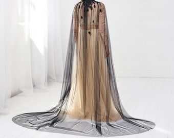 Black tulle bridal cape, Lace cape veil - LAURIE ANN