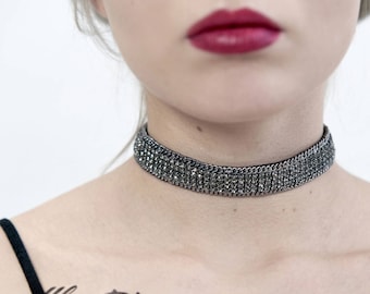 Sparkly rhinestone choker necklace, Dark grey rhinestone choker, Crystal choker, Edgy style choker, Goth bride accessory - SHARON