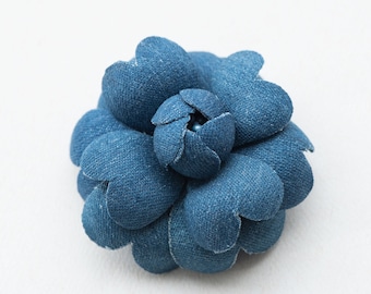 Blue denim camellia brooch, Denim flower brooch pin, Blue jeans lapel pin