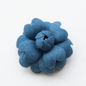 Blue denim camellia brooch, Denim flower brooch pin, Blue jeans lapel pin