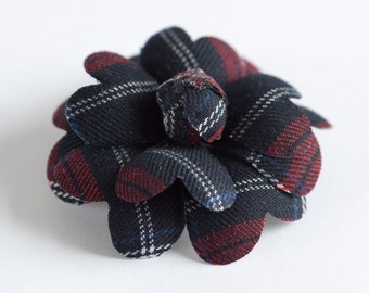 Tartan Fabric Camellia Flower Brooch: Navy Red Plaid Pin/Hair Clip