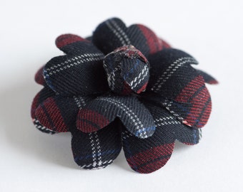 Fabric camellia flower brooch from tartan, Navy, red tartan plaid flower broch pin or hair clip