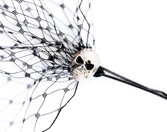 Gothic skull birdcage veil, Black bandeau veil with silver skull pins