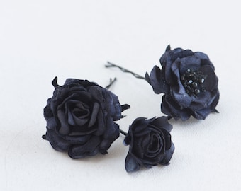 Black Velvet Rose Hair Clips: Gothic Flower Hair Pins