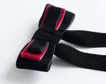 Velvet hair bow black and red, Bow hair clip, Long tail bow French barrette