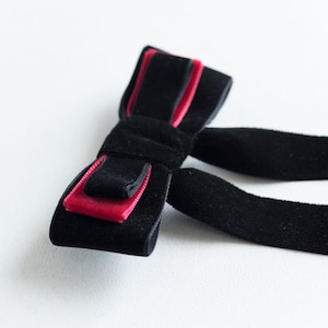 Velvet hair bow black and red, Bow hair clip, Long tail bow French barrette