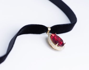 Black velvet choker necklace with red crystal pendant, Black velvet gothic choker, Boho choker with red crystal