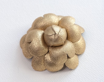Classic camellia brooch pin, Gold leather flower brooch, Floral brooch or hair clip, Gifts for women