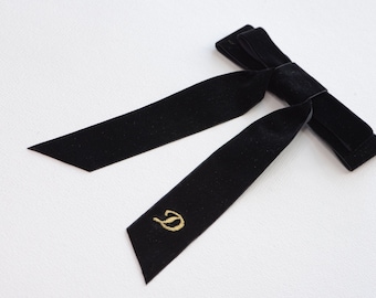 Personalized black velvet hair bow, Long tail monogram accessory