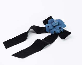 Black hair bow with blue denim camellia flower, Hair bow with flower, Unique gifts for her flower hair bow