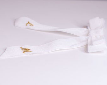 Personalized white velvet long bow, Hair bow with embroidered letters, Personalized gift for her