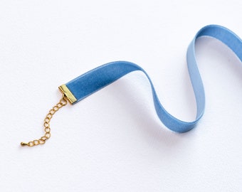 Vintage blue velvet choker, Simple velvet ribbon choker necklace