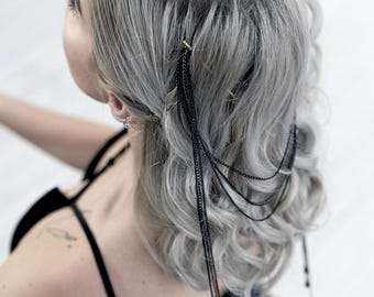 Black chain headpiece, Gothic bridal hair accessory - ANNA