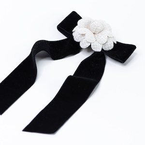 Velvet hair bow with flower, Unique gift for her flower hair bow, Black hair bow with ivory camellia flower