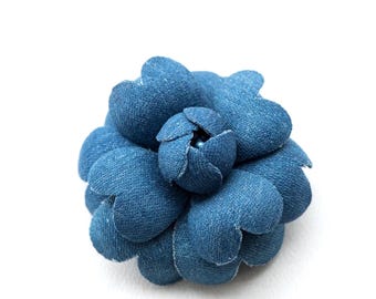 Blue denim camellia brooch, Upcycled fabric flower pin
