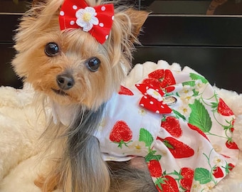 Strawberry Dog Dress: Cotton Pet Harness with Crochet Flower