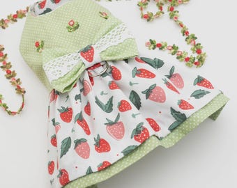 May include: A green and white dog dress with a strawberry print and a white lace bow. The dress has a green polka dot pattern on the top and bottom.