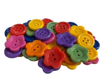 Mixed Rainbow Buttons for Kids, Bright Buttons for Preschool Crafts, Round & Flower Buttons for Sewing, Stringing, Sorting Math Counters