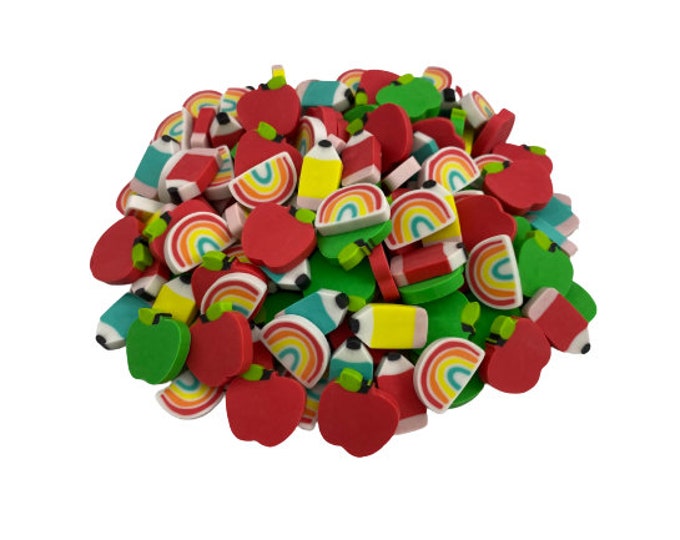 Mini Eraser Assortment for Kids, Apples, Rainbows, Pencils, Classroom