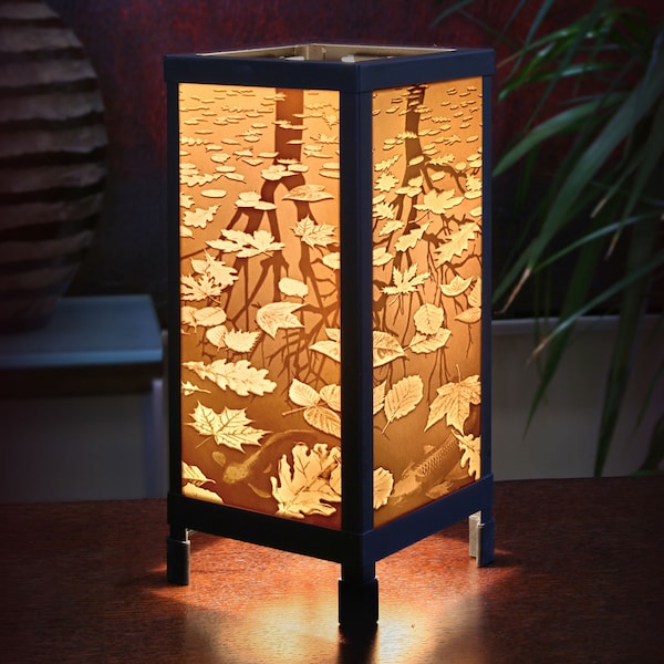 Still Reflections Lithophane Lamp - Porcelain Luminaire Accent Lamp, M.C. Escher inspired nature, tree, leaves tabletop decor lamp
