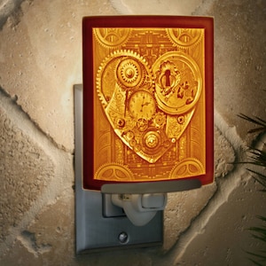Heart Night Light - Valentine Porcelain Lithophane "Key to My Heart" vintage, heart, clockworks,  Steampunk themed wall plug in accent light